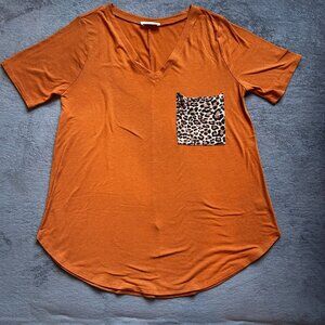 Zenana Women’s XL Tunic Shirt Orange Leopard Print Pocket Soft Stretch Fall